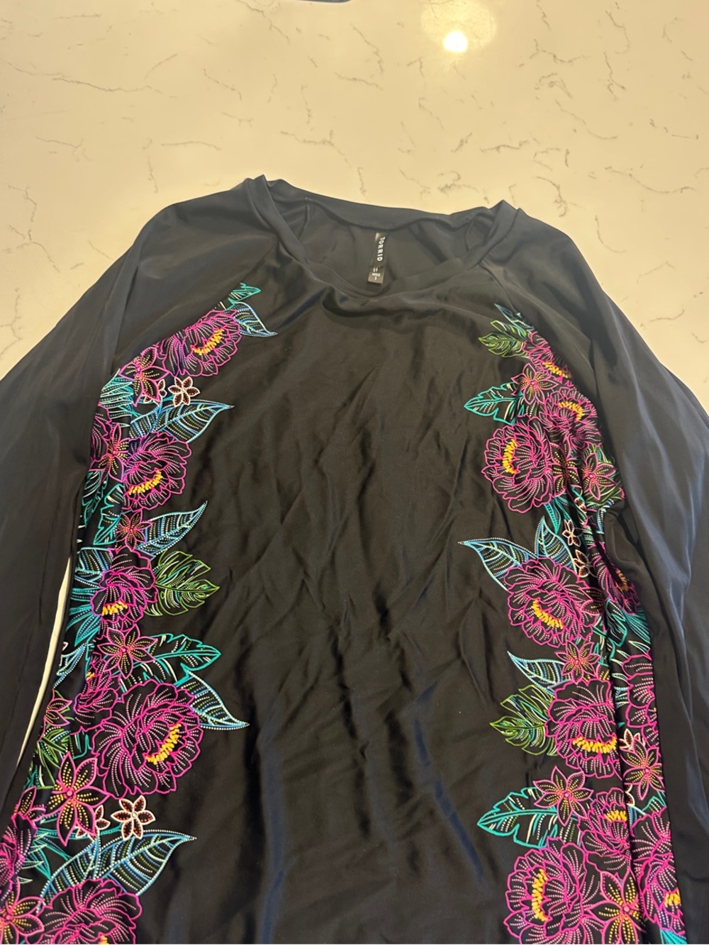 torrid Black Long-Sleeve Swim Coverup with Neon Pink & Teal Floral Embroidery